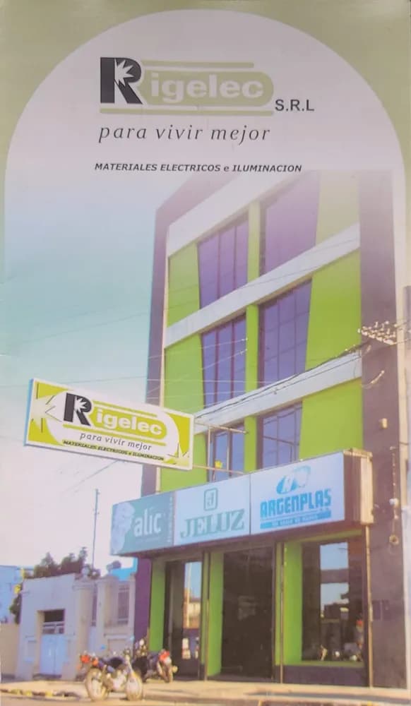 Folleto institucional de Rigelec S.R.L. con el edificio de tres pisos terminado